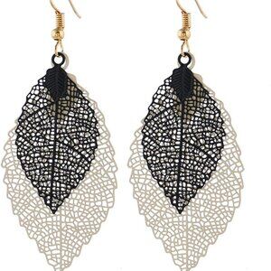 Double hollow leaf earrings Unique metal leaf earrings pendant hook earrings sui